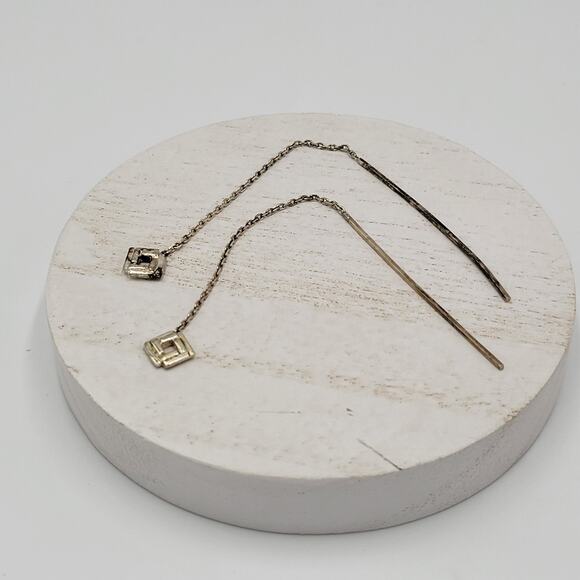 Womens Sterling Silver Pull Through Long Chain Cube Dangle Drop Earrings - Picture 8 of 12